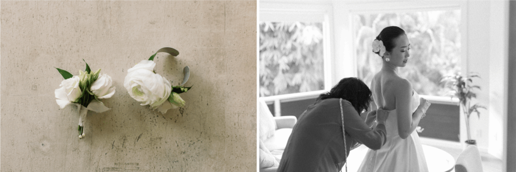 Bride getting into her dress.